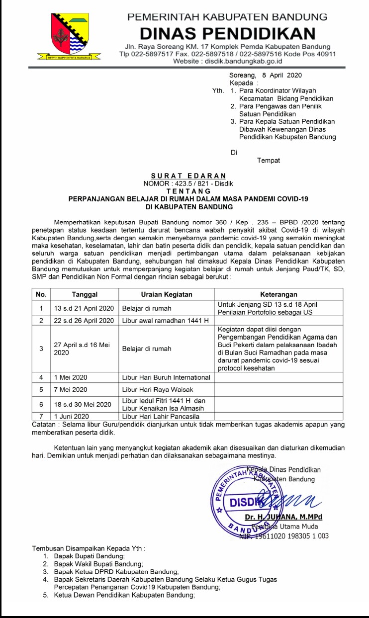 Juhana Disdik Kab Bandung Perpanjang Status Belajar Di Rumah Bagi Siswa Bandungraya