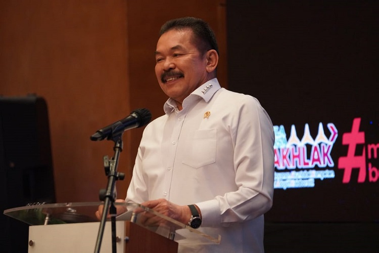 Jaksa Agung ST Burhanudin saat memberikan arahan pada hari anti korupsi di Gedung Bundar Kejaksaan Agung sabtu (9/12/23)