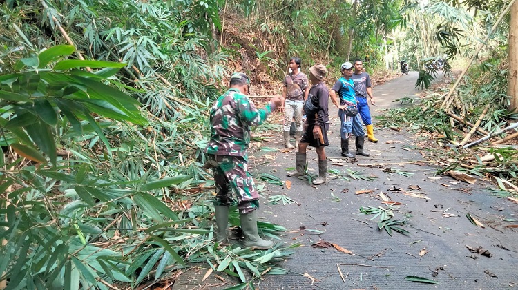 Babinsa Koramil 1003/ Tanjungkerta Bergotong Royong Bersihkan Reruntuhan Pohon Bambu