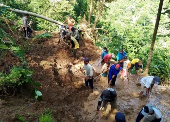 Polsek Bungbulang Bersama Warga dan Aparatur Desa Gotong Royong Bersihkan Material Longsor